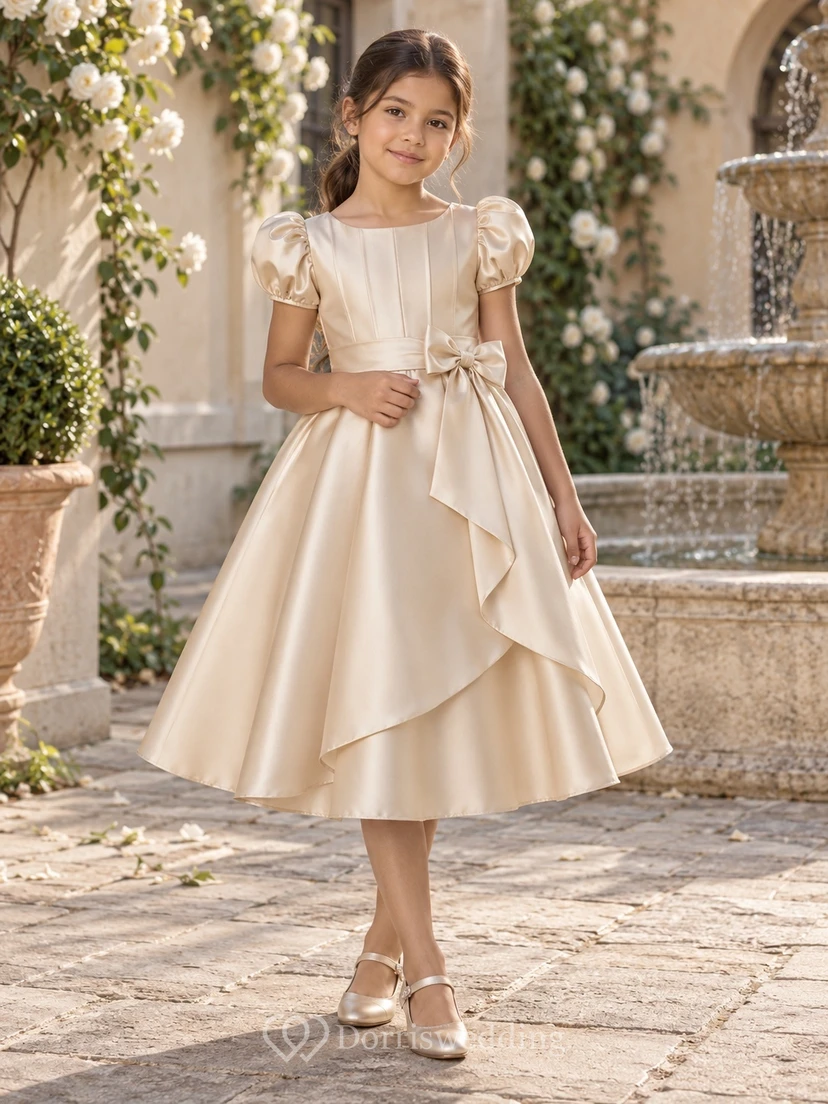 Tea-length Champagne A-line Satin Puff-sleeve Side-bow Layered V-back Flower Girl Dress