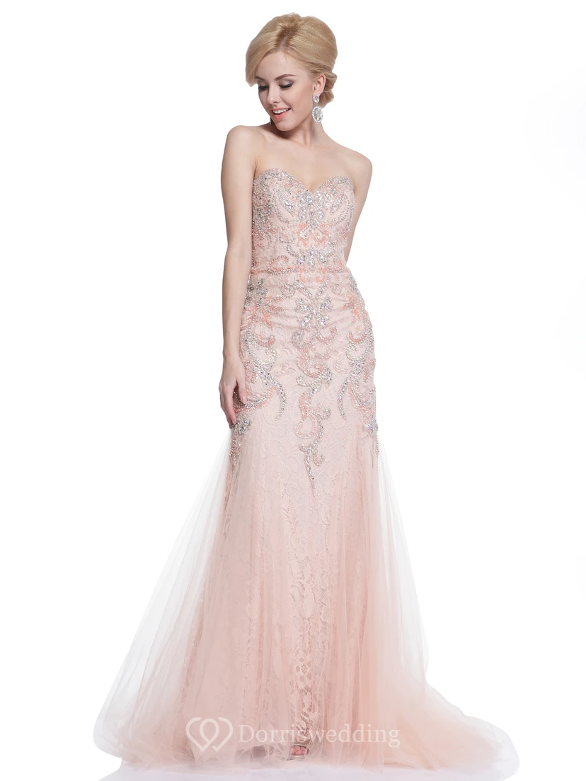Sheath Sweetheart Sleeveless Tulle Lace Dress With Beading