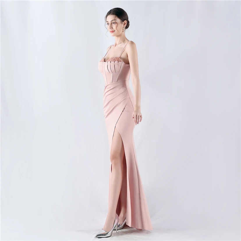 Fishbone Waist Set Crystal Diamond Satin Host Evening Dress view 30