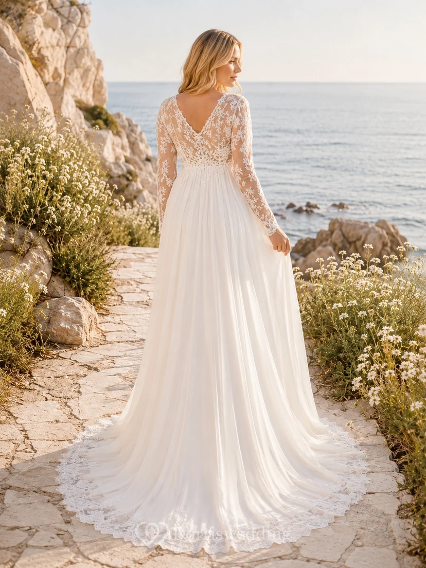 Vestido de novia de maternidad largo hasta el suelo, estilo imperio, con escote en V y mangas largas, ideal para fugas románticas. view 2