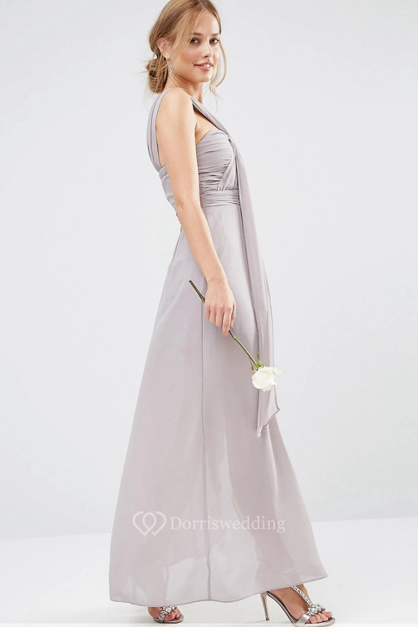 Ankle-Length Draped Sleeveless One-Shoulder Chiffon Bridesmaid Dress view 3