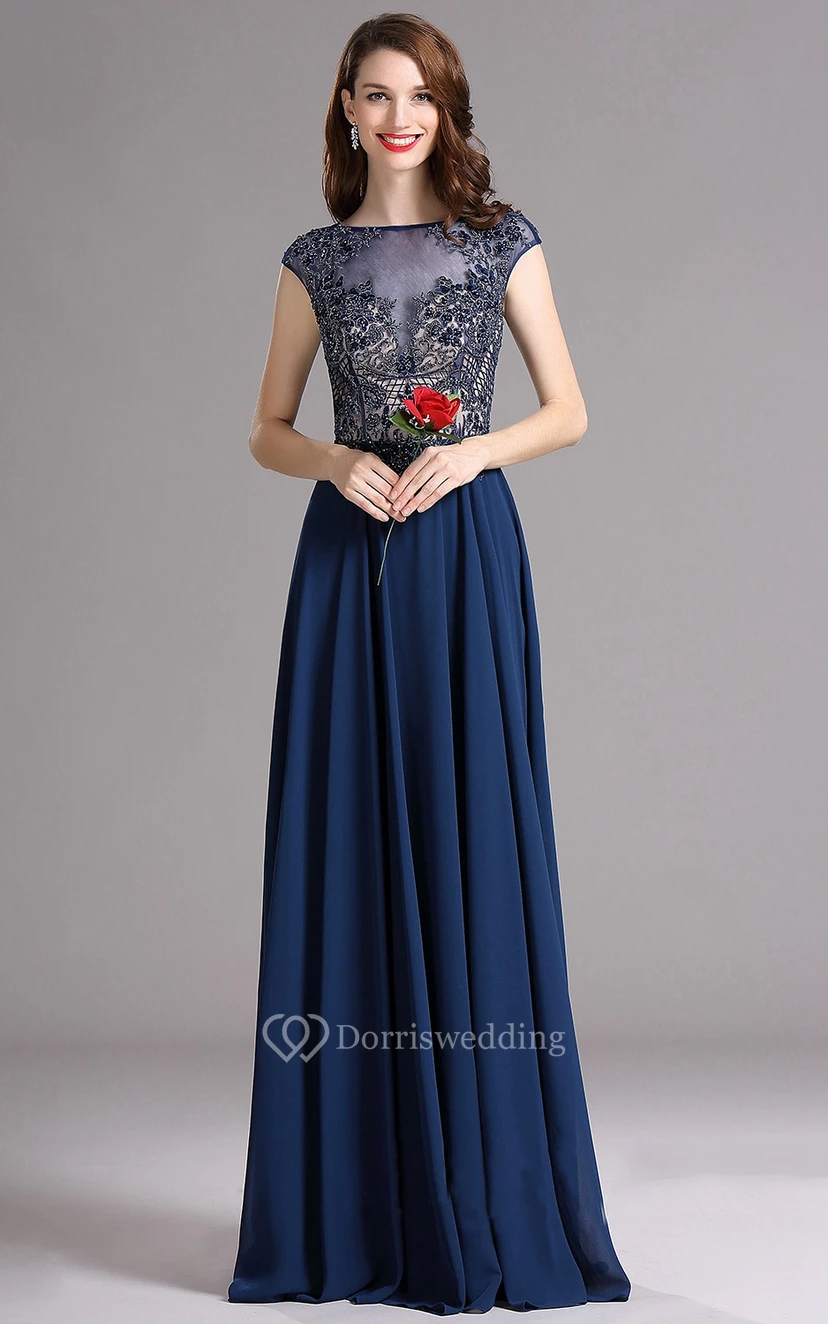 Empire Bateau Short Sleeve Empire Chiffon Appliques Zipper Dress