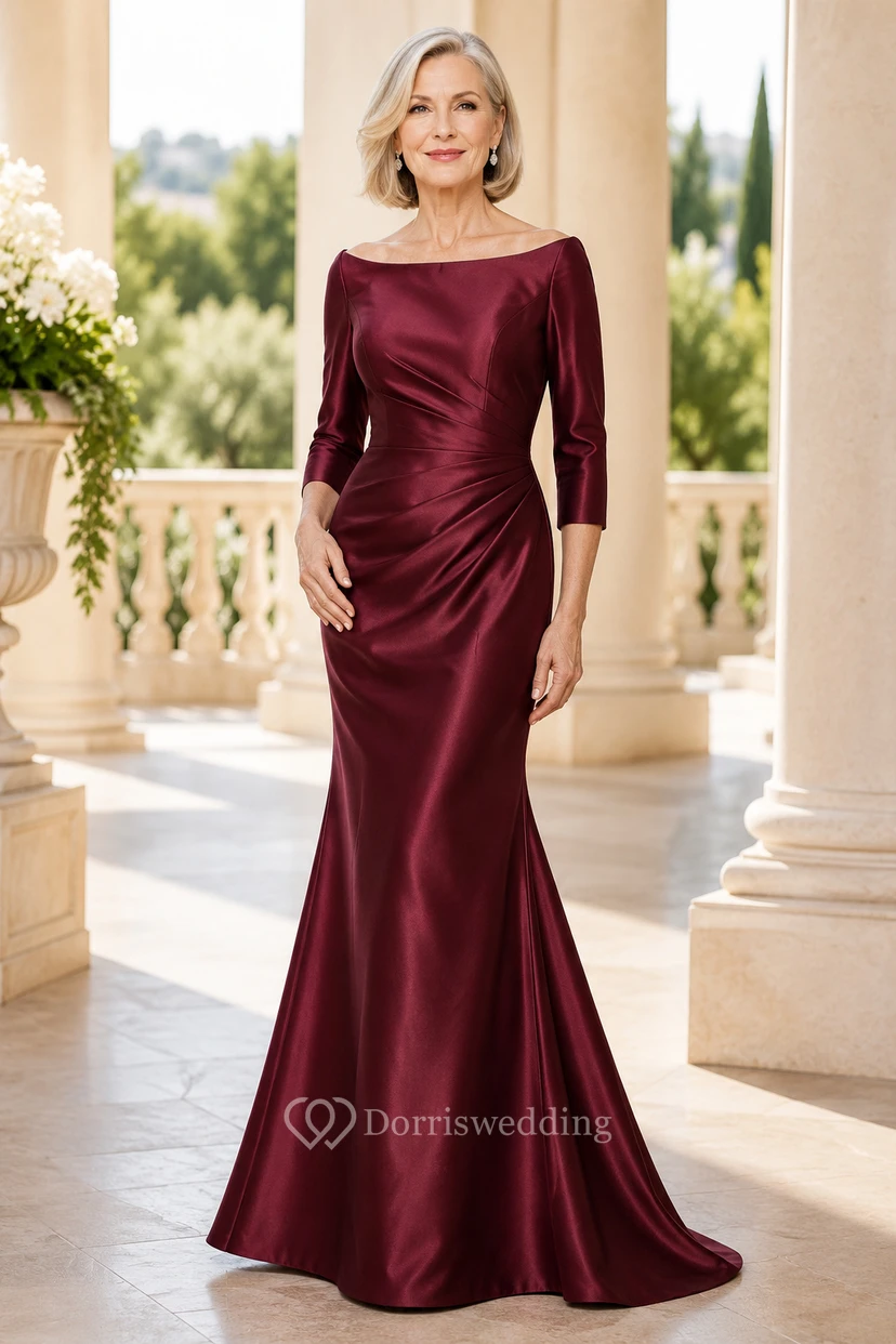 Burgunderfarbenes Meerjungfrauen-Kleid aus Satin mit Bateau-Muster
