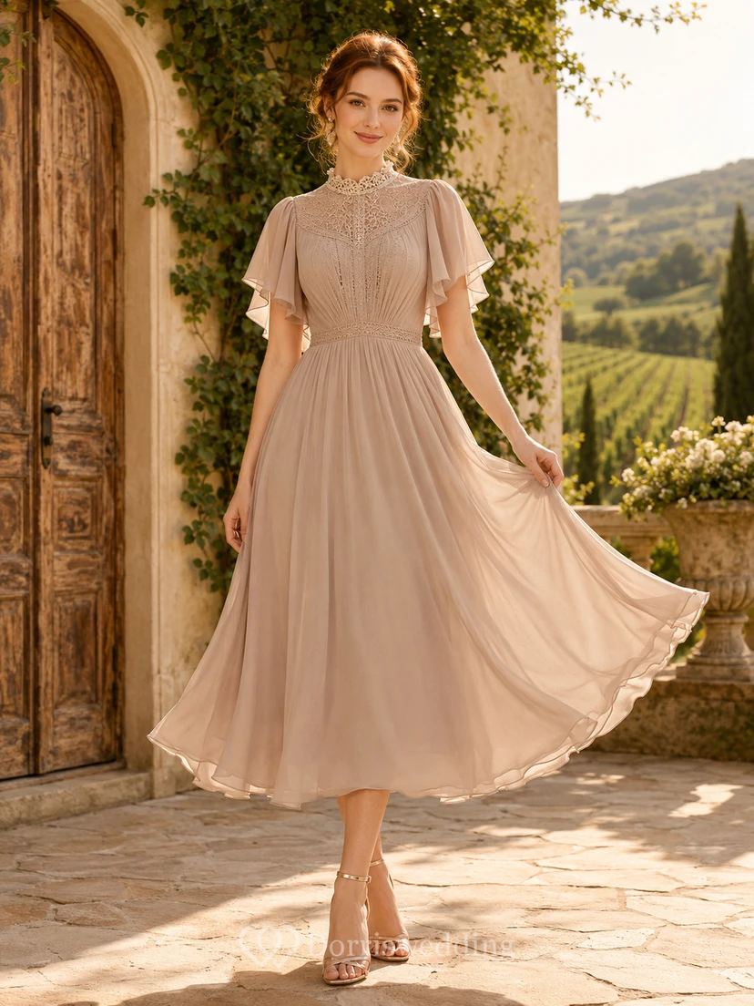Taupe High Neck Lace Yoke Flutter Chiffon A Line Tea Guest Dress