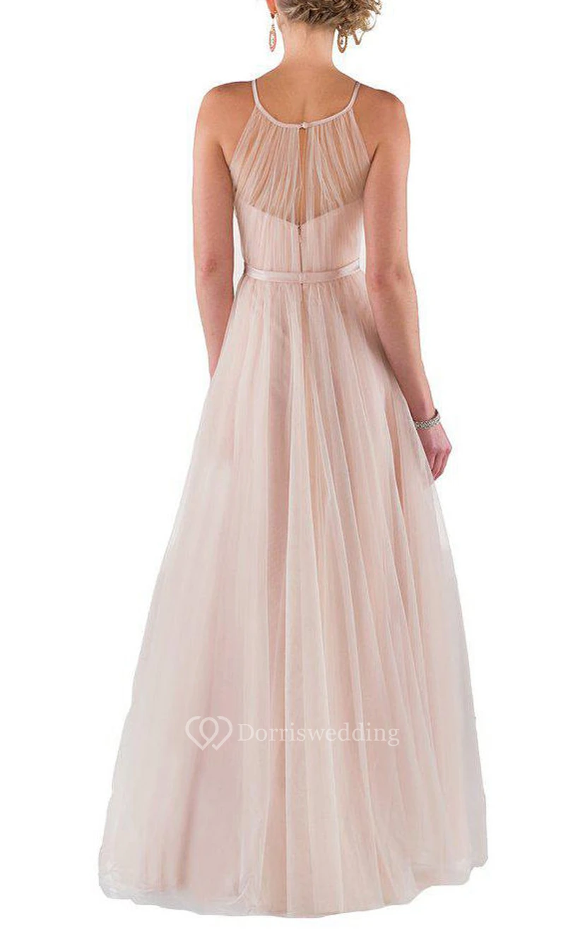 Spagetti Straps Illusion Tulle Ruched Long Dress view 2