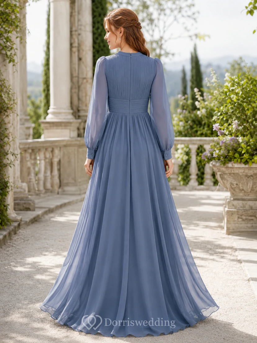 Steel Blue Modest Long Sleeve Chiffon Formal Dress view 2
