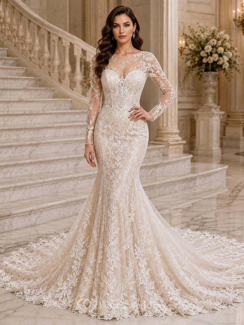 Robe de mariée sirène en dentelle immaculée, col V, manches longues, traîne chapelle, applications florales, style jardin