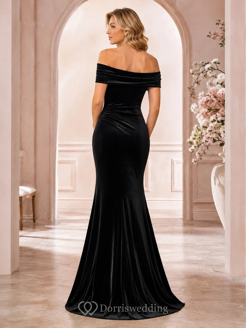 Black Off-the-Shoulder Satin Mermaid Floor Length Ruched Evening Gown view 2