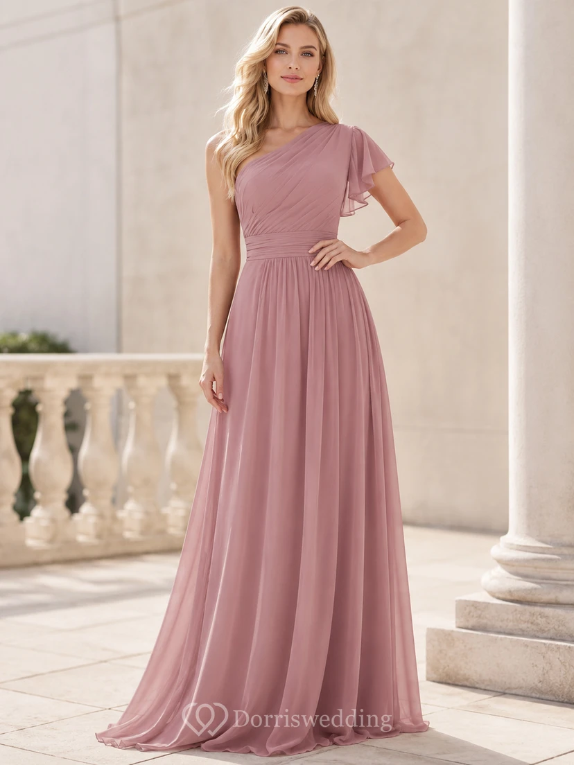 Dusty rose one shoulder flutter sleeve chiffon floor dress