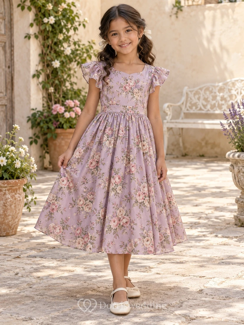 Teelanges, schlichtes lavendelfarbenes Blumenkleid in A-Linie mit flatternden Ärmeln und Schleife am Rücken für Blumenmädchen