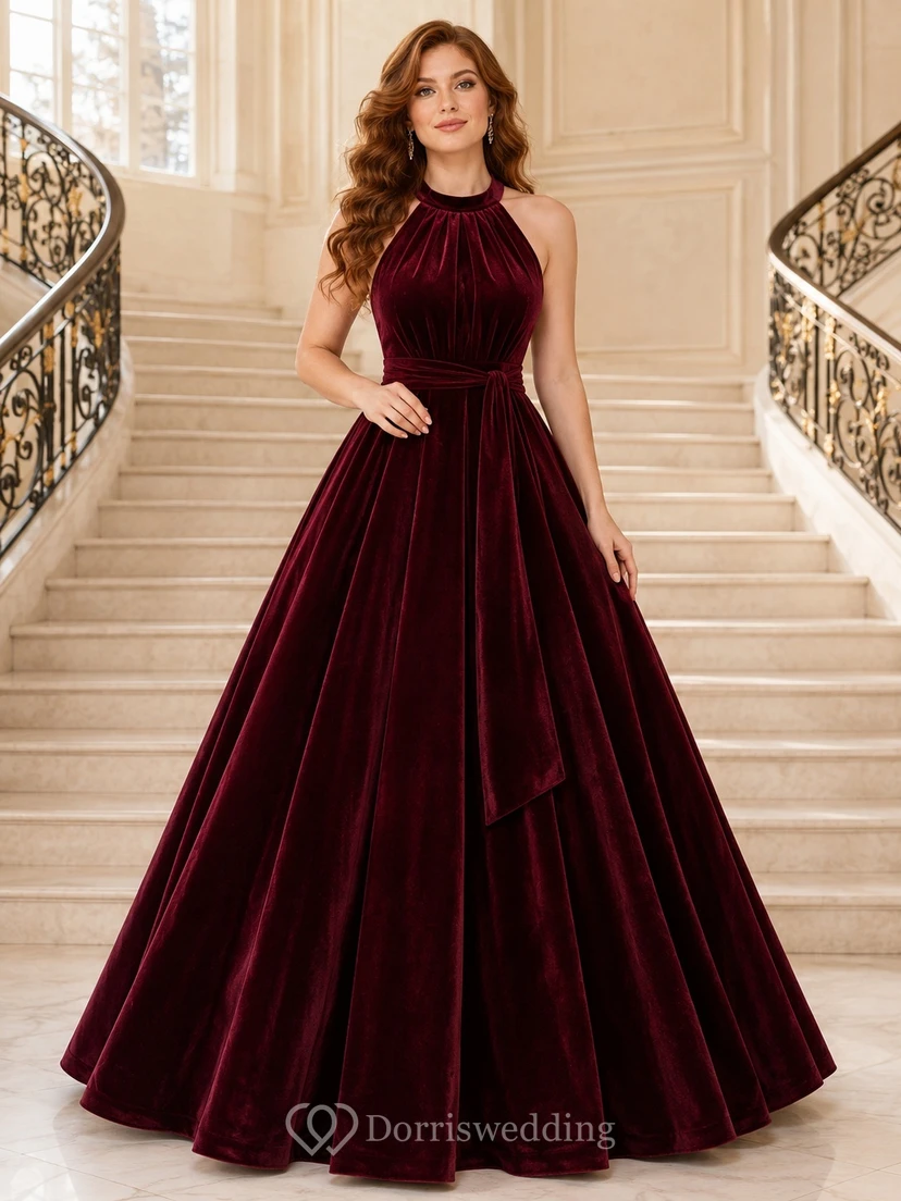 Burgundy Halter Sleeveless Pleated Velvet Ball Gown Floor-Length Formal Evening Dress