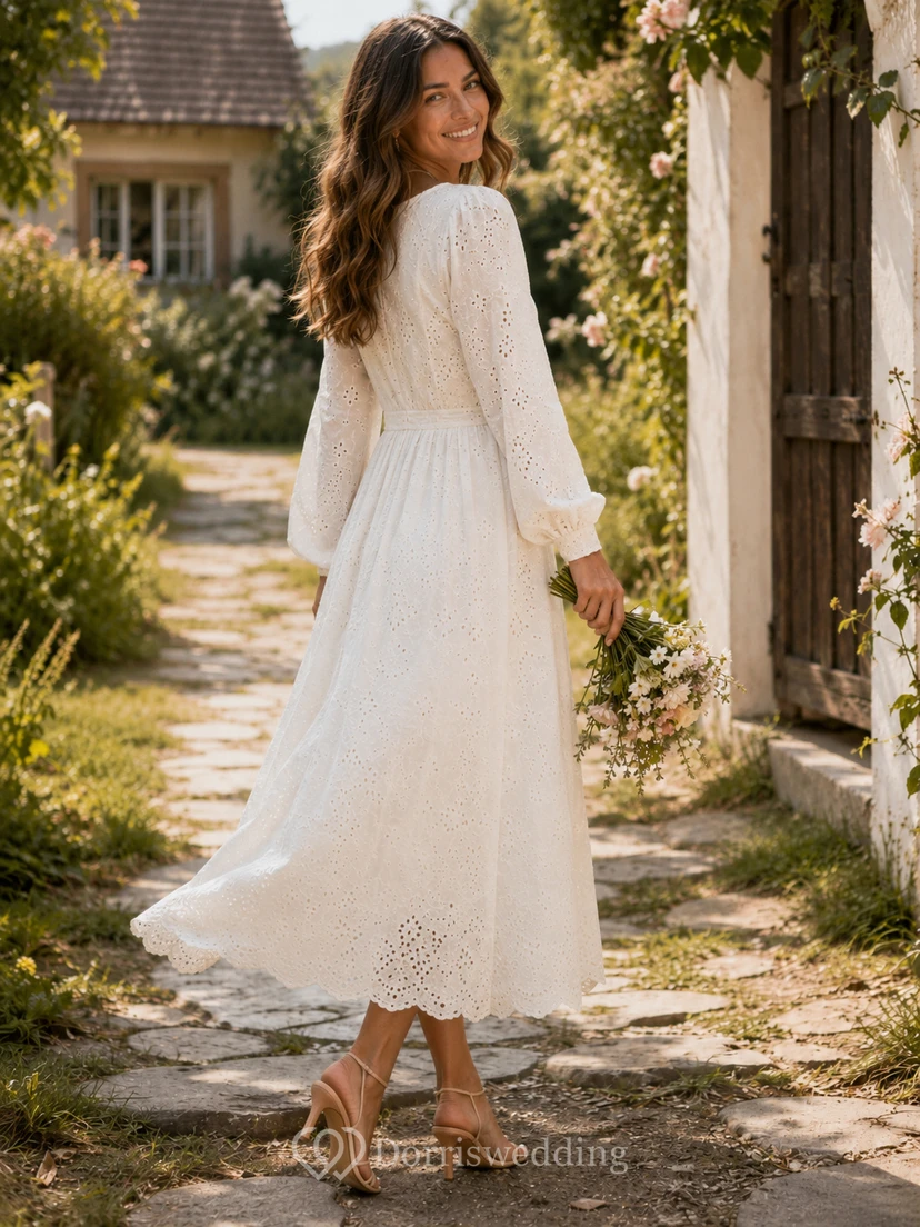 Boho-Brautkleid im Cottagecore-Stil mit Lochstickerei, Rundhalsausschnitt, langen Bischofsärmeln und wadenlangem A-Linien-Rock view 2