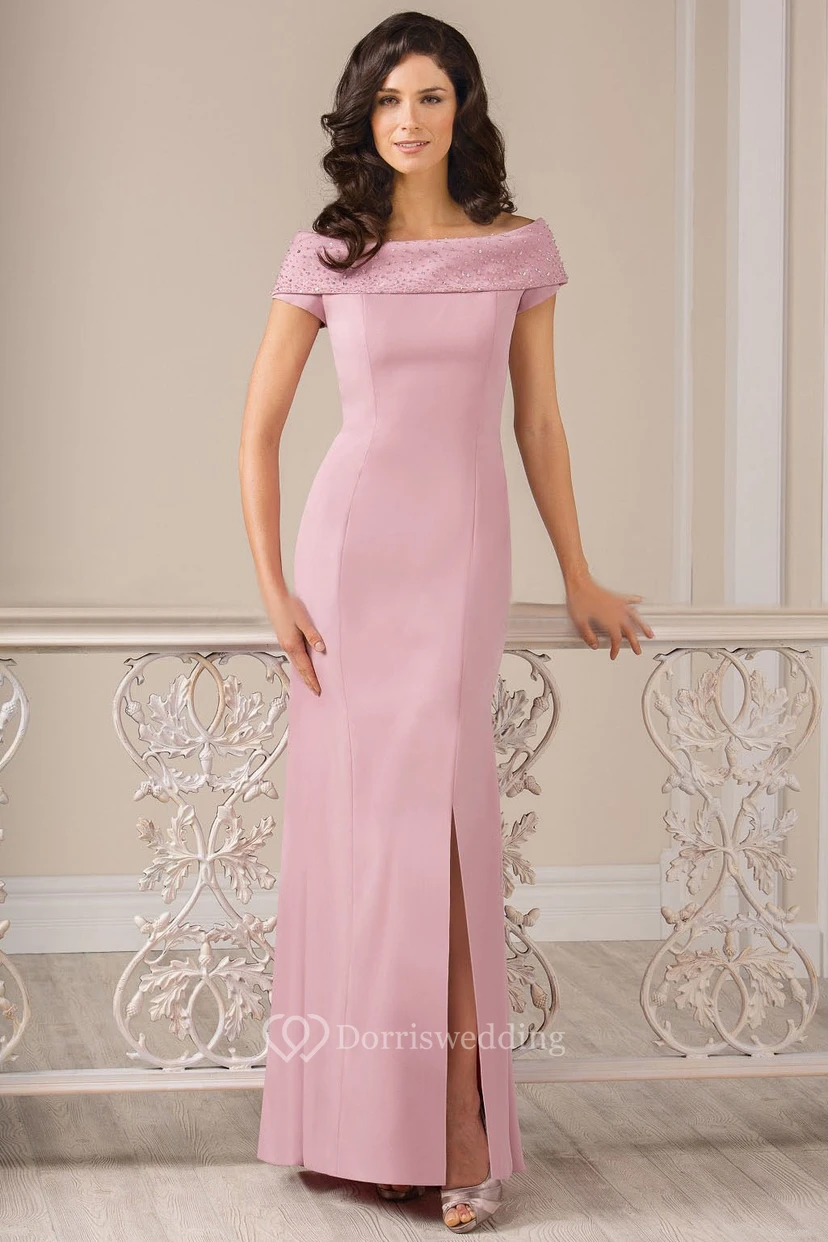 Cap-Sleeved Long Sheath Gown With Front Slit And Beadings