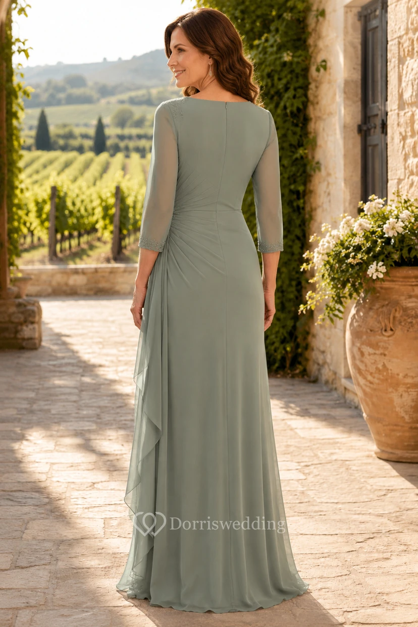 Vestido de gasa color salvia de corte recto, manga tres cuartos, escote en V y largo hasta el suelo con fruncido, ideal para la madre de la novia. view 2