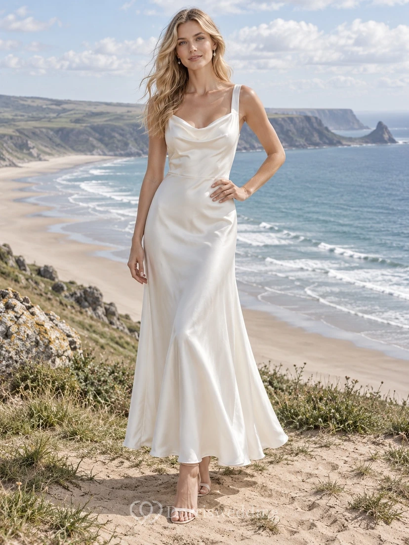 Vestido de novia sencillo de sirena sin mangas con escote drapeado y largo hasta los tobillos en charmeuse
