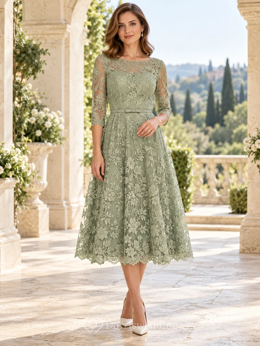 Tea-length Sage Bateau Three-Quarter Sleeve Lace Wedding Guest Dress