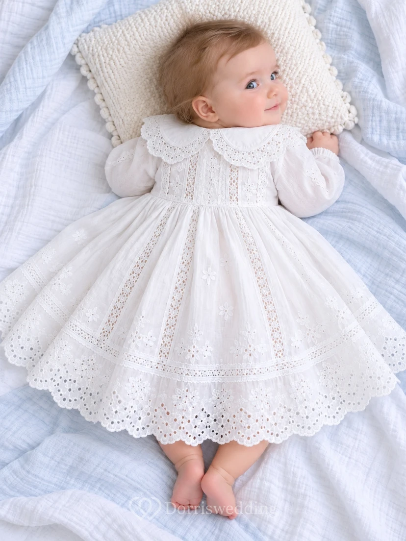 Long Sleeve White Rounded Collar Eyelet Lace Panel Baptism Dress view 2