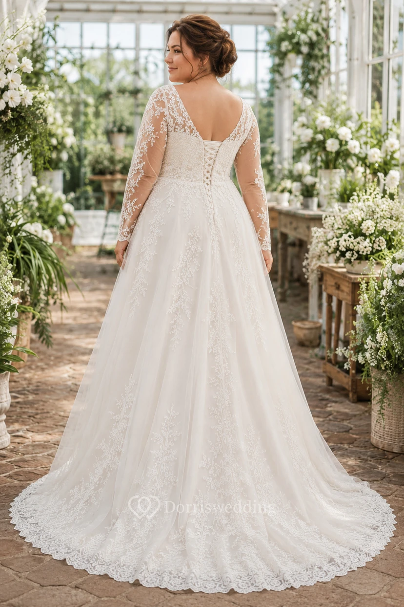 Plus Size Long Sleeve Lace A-Line Wedding Dress with Greenhouse Train view 2