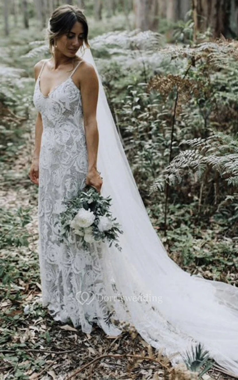 Spaghetti Country Boho Sheer Lace Etuikleid Hochzeitskleid view 4