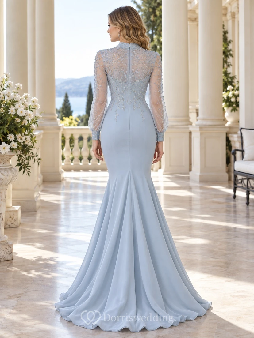 Robe sirène en dentelle bleu ciel à col montant et manches longues, style modeste view 2