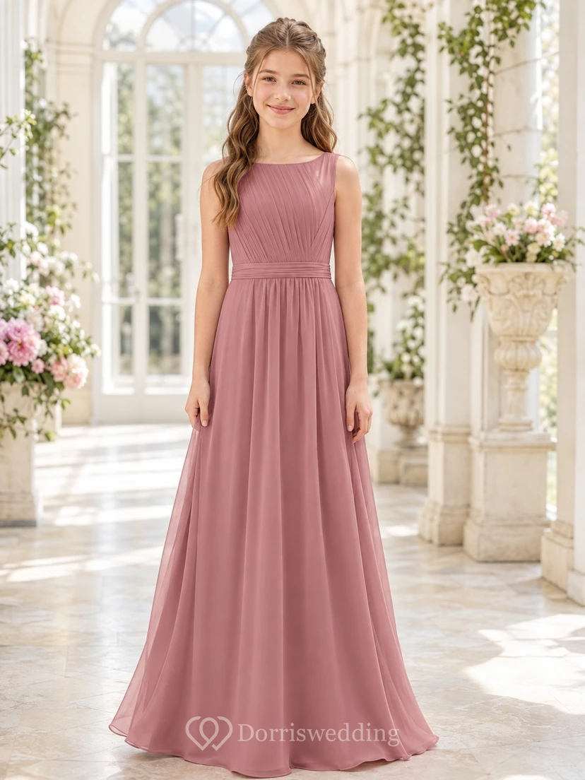 Romantisches, ärmelloses, bodenlanges A-Linien-Brautjungfernkleid in Altrosa aus Chiffon mit Schmucksteinen