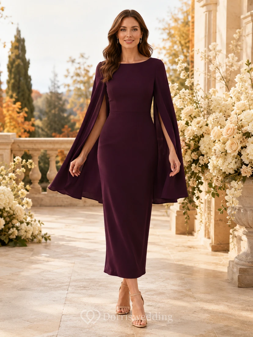 Plum Bateau Long Cape Sleeve Satin Sheath Tea Wedding Guest Dress