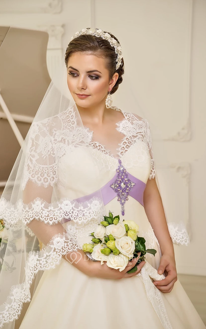 A-Line Floor-Length V-Neck Cap-Sleeve Corset-Back Lace Dress With Beading And Sash view 4
