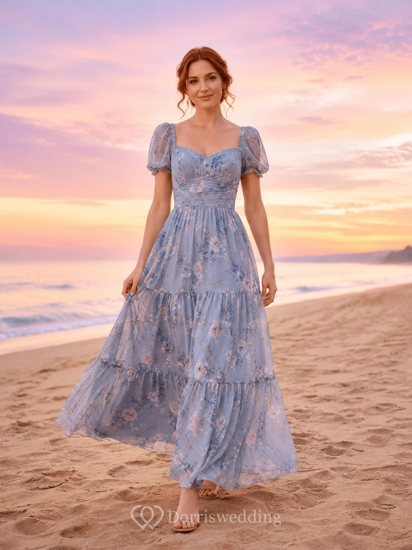 Dusty Rose Sunset Beach Wedding Guest Dress A-Line Chiffon Tulle Square Neck Short Sleeve Tea-Length Tiered Floral