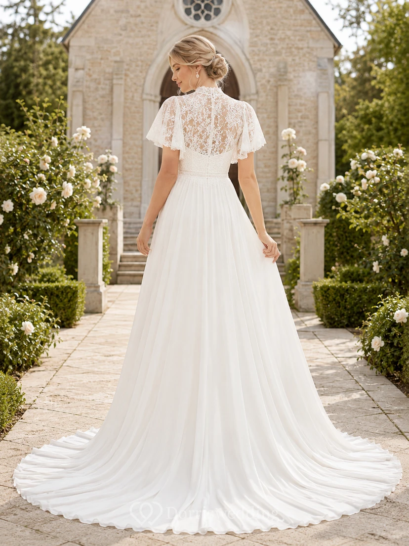 Modest High Neck Flutter Sleeve Chapel A-Line Wedding Dress view 2