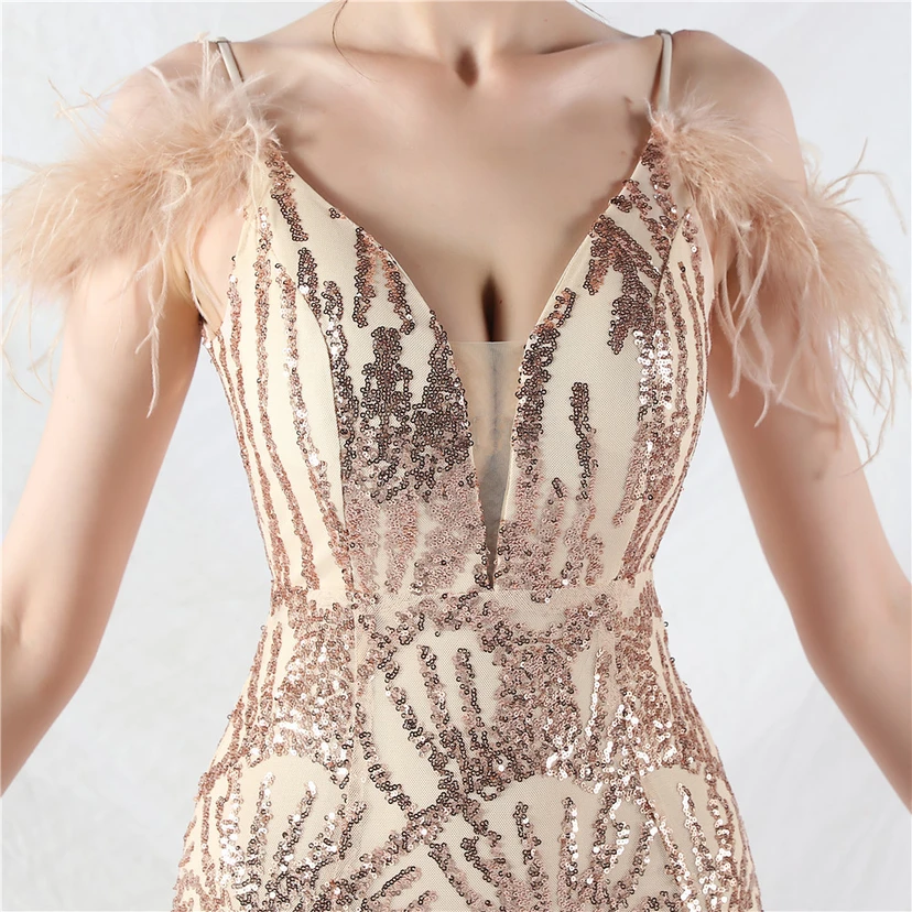 9-farbiges, handgefertigtes Abendkleid aus Kamelfedern, Netzstoff und Pailletten, sexy Trägern view 28