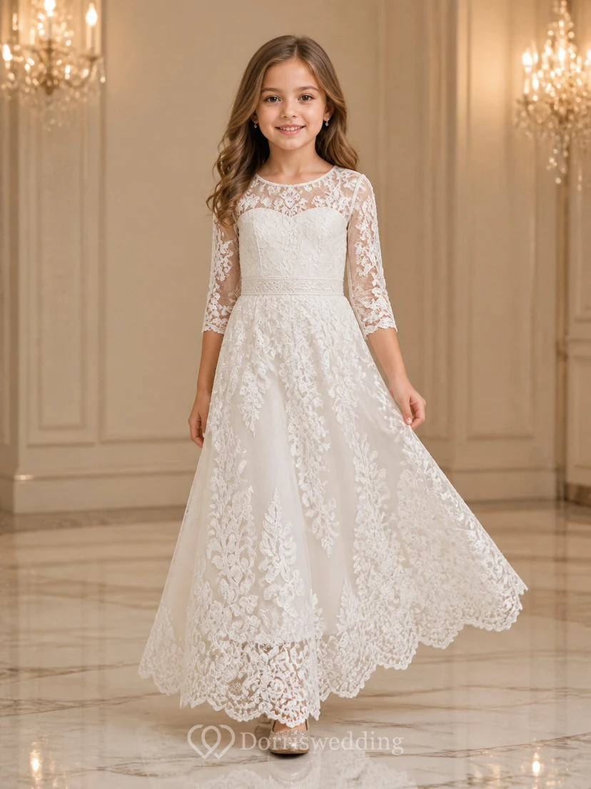 Modest Junior Bridesmaid Ankle-length A-Line Scoop Three-quarter Sleeve Lace Dress