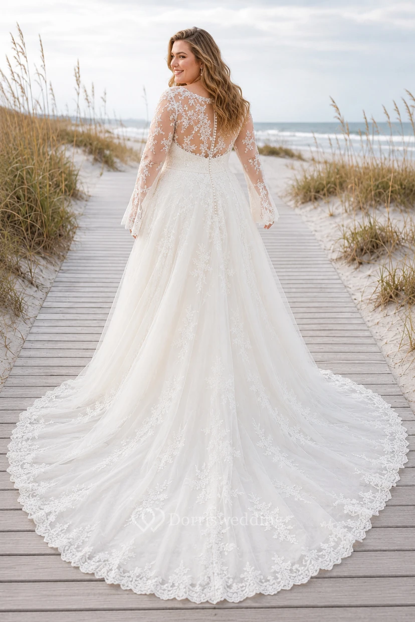 Plus Size Long Sleeve Lace A-Line Beach Wedding Dress with Tulle Train view 2