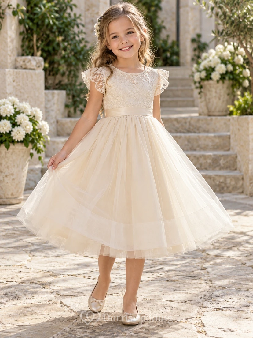 Tea-length Ivory Floral A-line Tulle Flutter-sleeve Lace-bodice Bow-back Flower Girl Dress