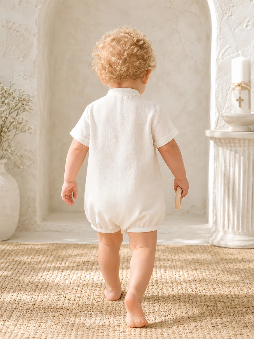 White Pleated Bib Peter Collar Short Sleeve Blessing Romper for Baby Boy view 2