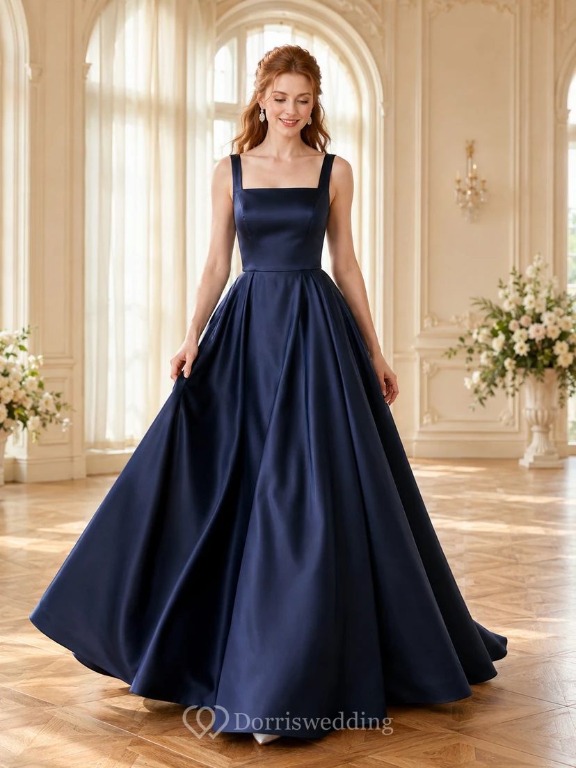 Navy Blue Square Neck Straps Satin Ball Gown Wedding Dress