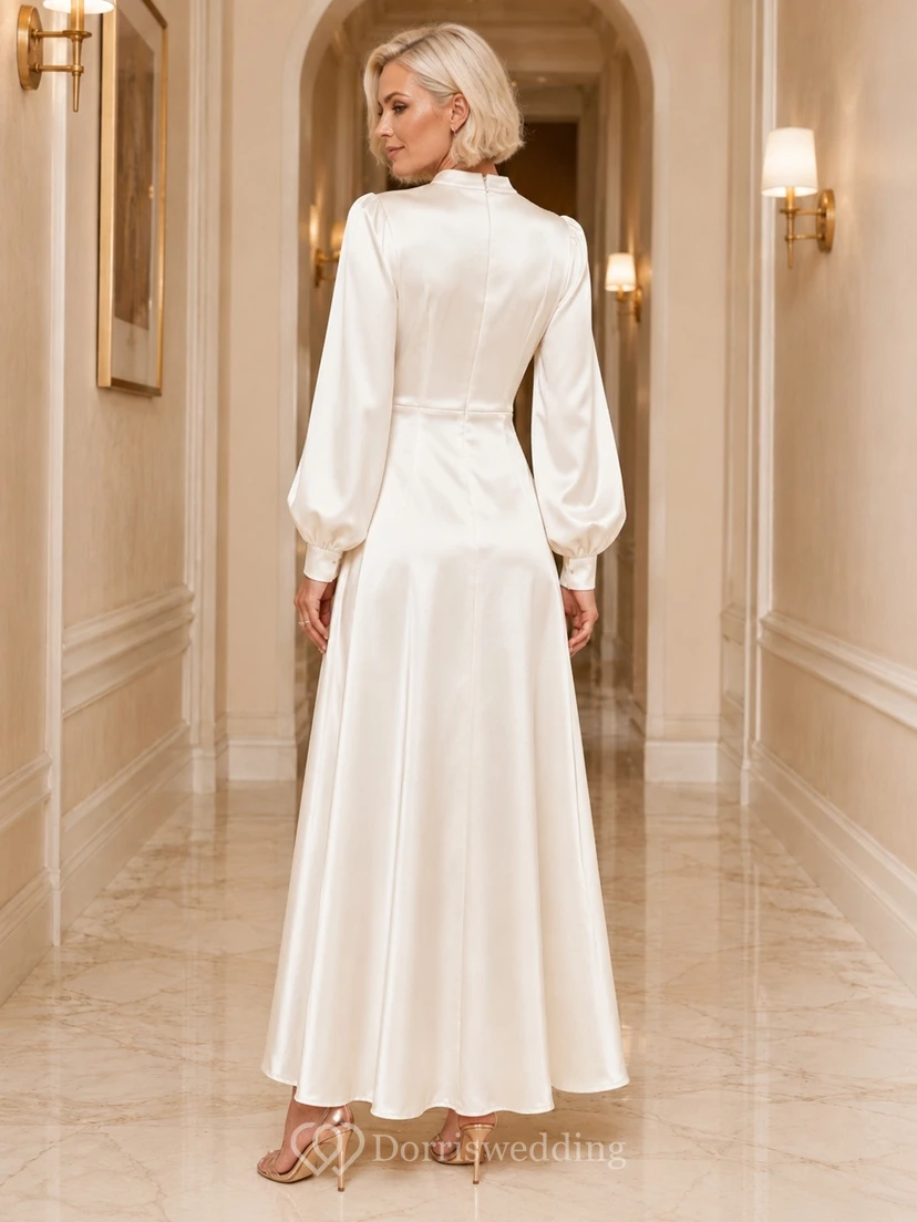 Elegant Satin A-Line Floor-Length High Neck Long Sleeve Formal Dress view 2
