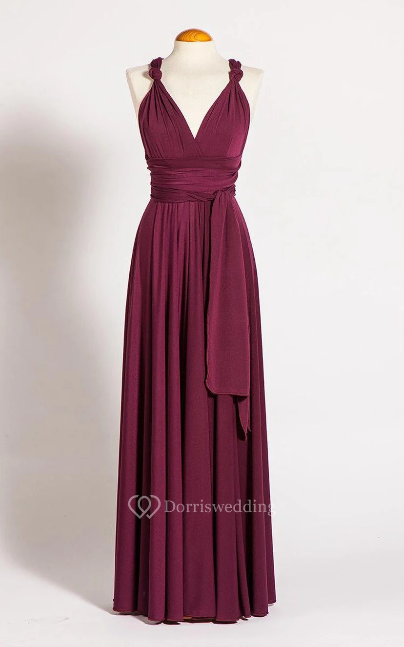V Neck Sleeveless Empire Pleated A-line Jersey Long Dress With Bandage view 4