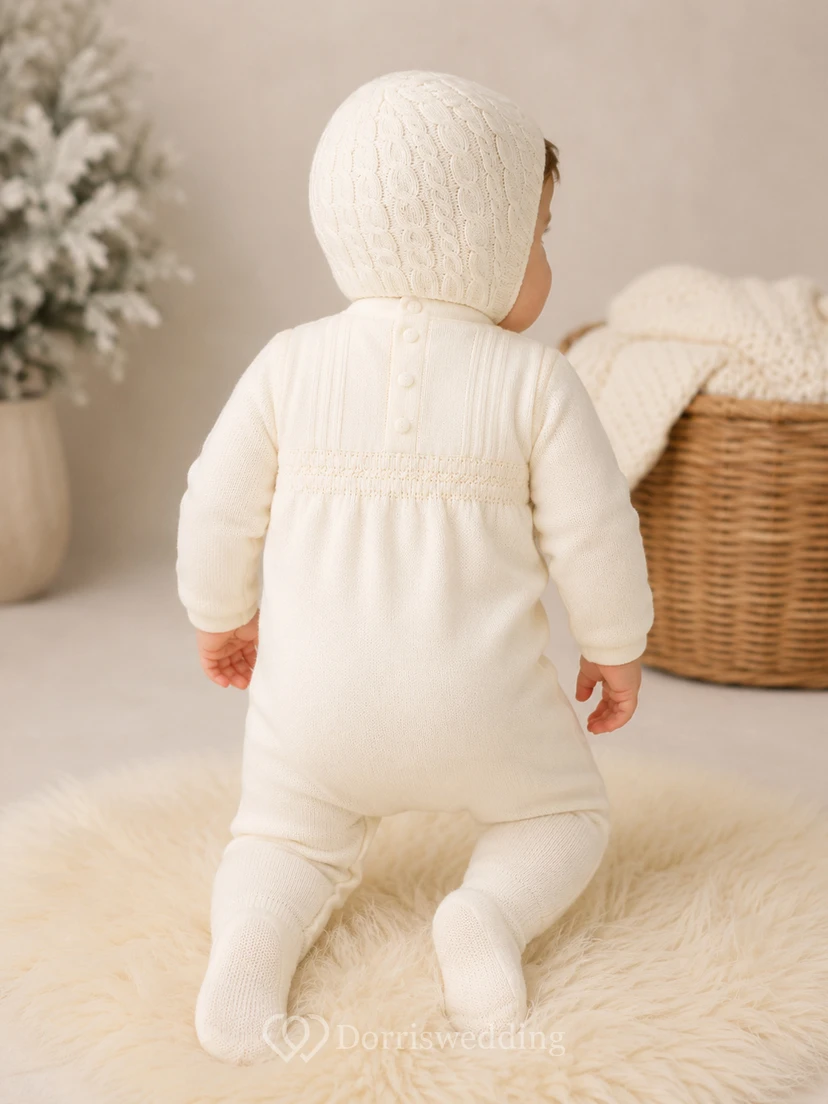 Klassischer weißer Langarm-Baby-Tauf-Strampler mit Zopfmuster und Füßchen view 2