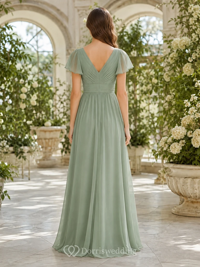 Celadonfarbenes Brautjungfernkleid für junge Damen, A-Linie, V-Ausschnitt, kurze Blütenblattärmel, elegant und romantisch view 2