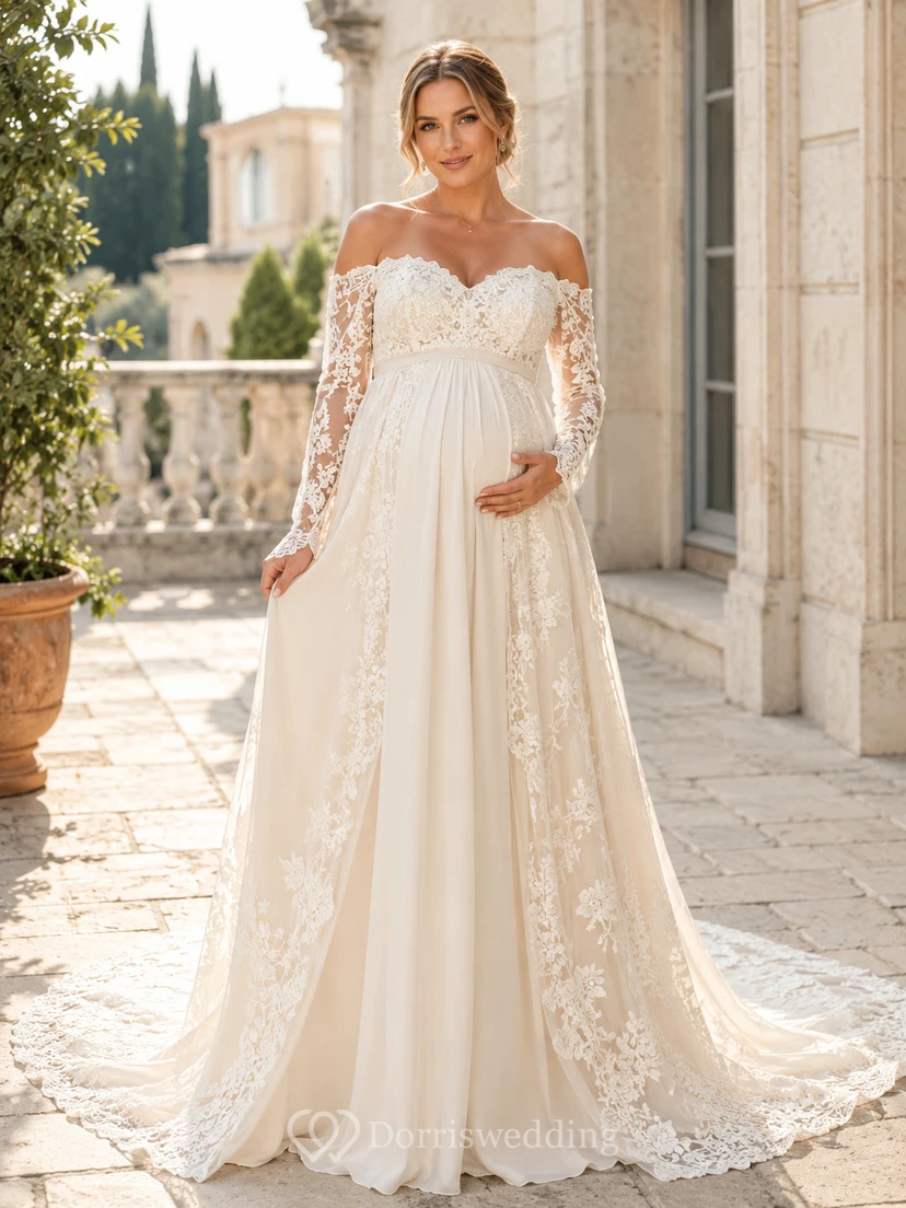 Romantic Maternity Off Shoulder Long Lace Sleeve Empire Chapel Wedding Gown
