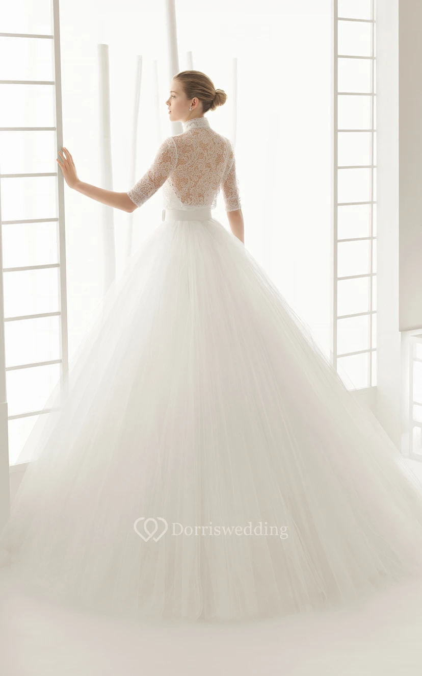 Raffled Lace Half Illusion Sleeve Gown With Mandarin Collar