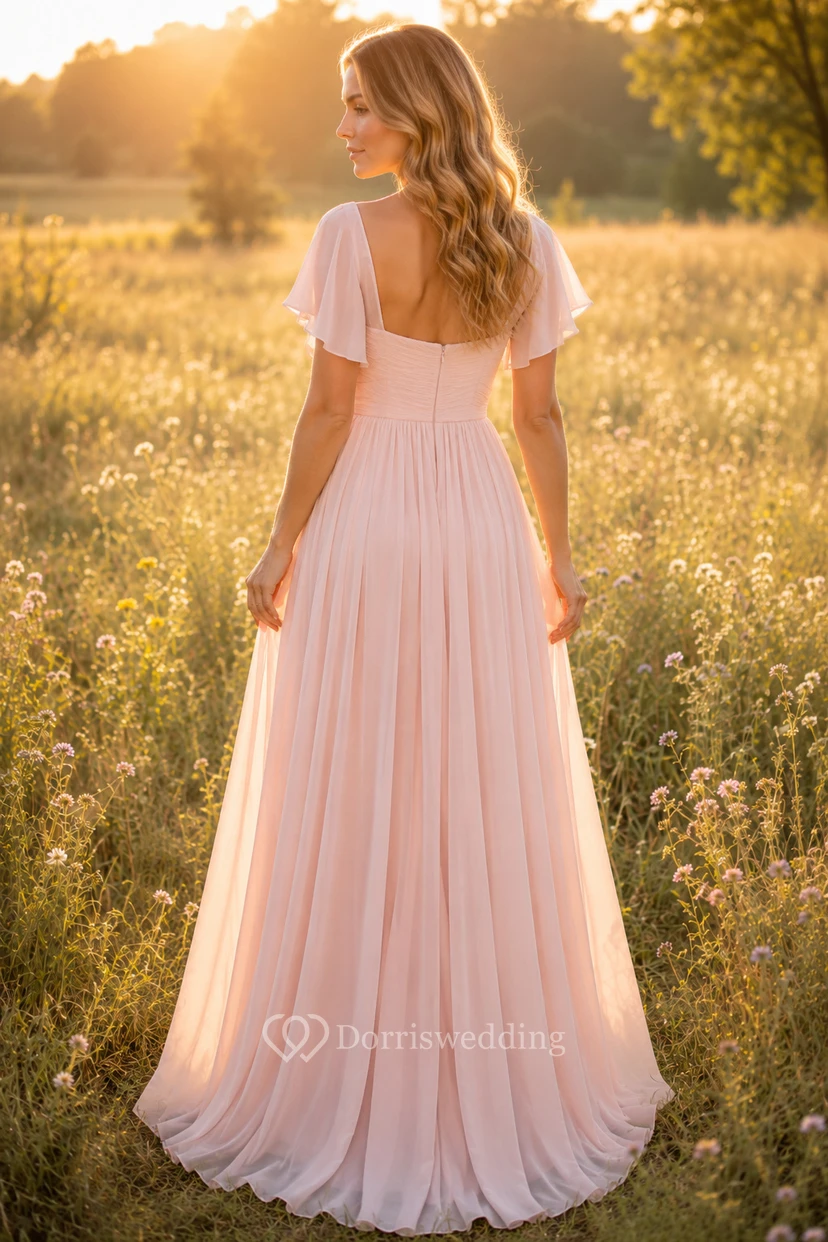 Zartrosa Brautjungfernkleid aus Chiffon mit kurzen Ärmeln, A-Linien-Schnitt und Empire-Taille view 2