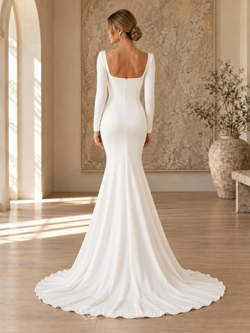 Simple Square Neck Long Sleeve Mermaid Minimalist Wedding Dress view 2