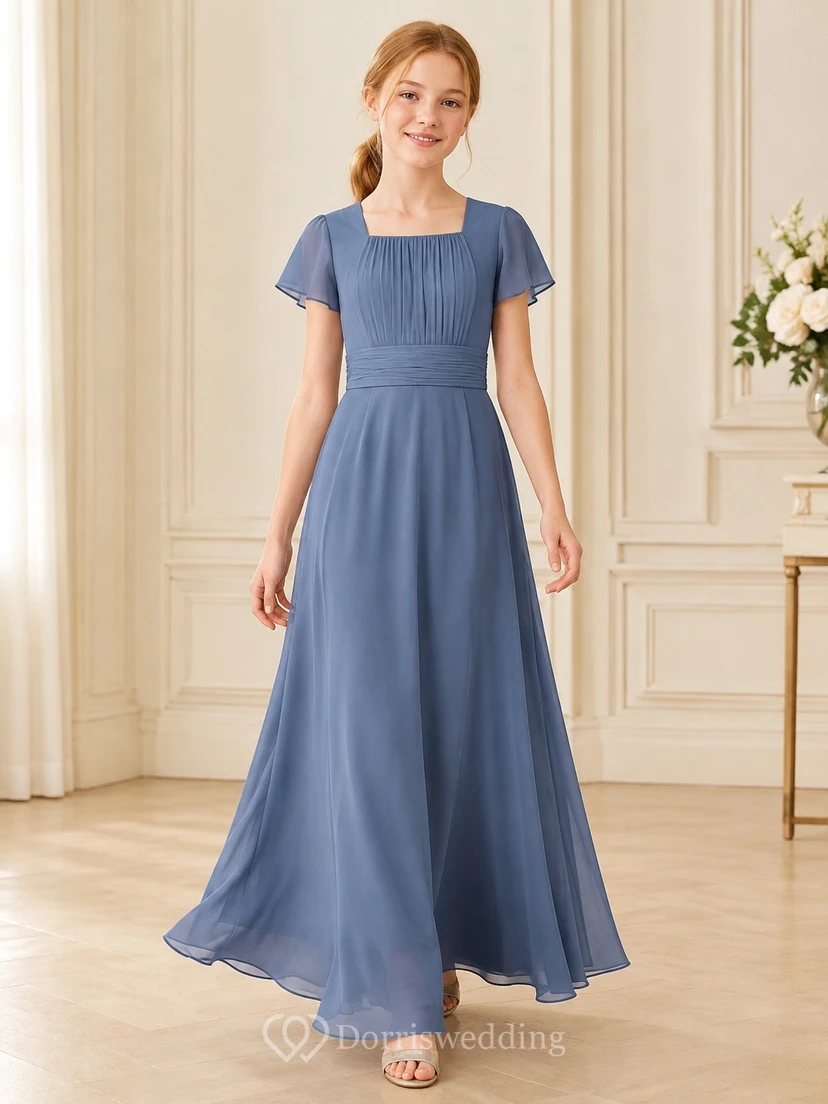 Stahlblaues Brautjungfernkleid für junge Damen, A-Linie, eckig, kurze Ärmel, Blütenblatt-Dekoration