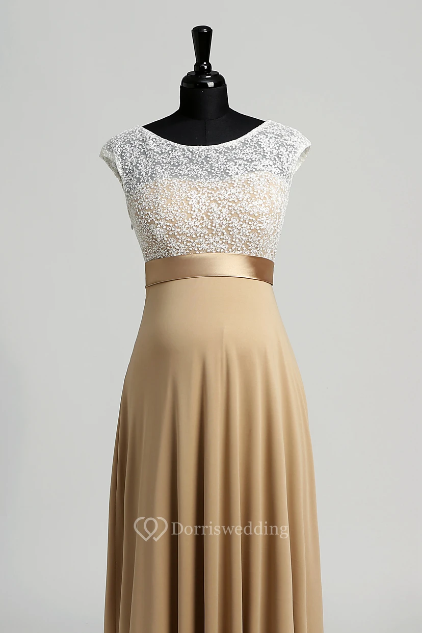 A-line Bateau Cap Short Sleeve Floor-length Jersey Lace Dress view 3