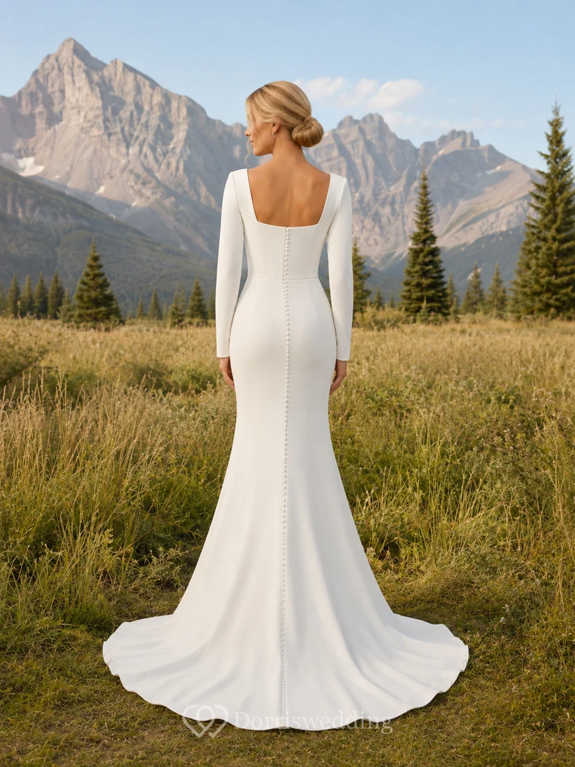 Robe de mariée sirène en satin à manches longues, col carré et traîne, boutonnée dans le dos, en satin et à col carré view 2