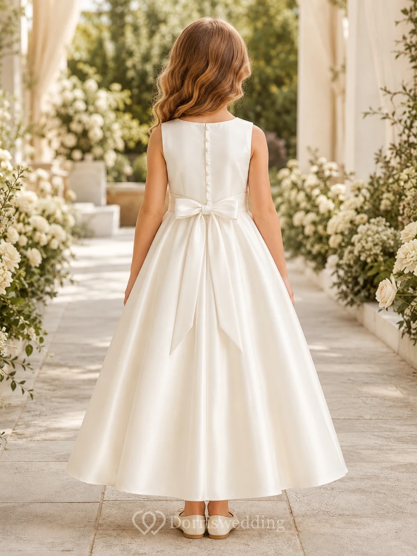 Classic Satin Tea-Length Flower Girl Dress view 2