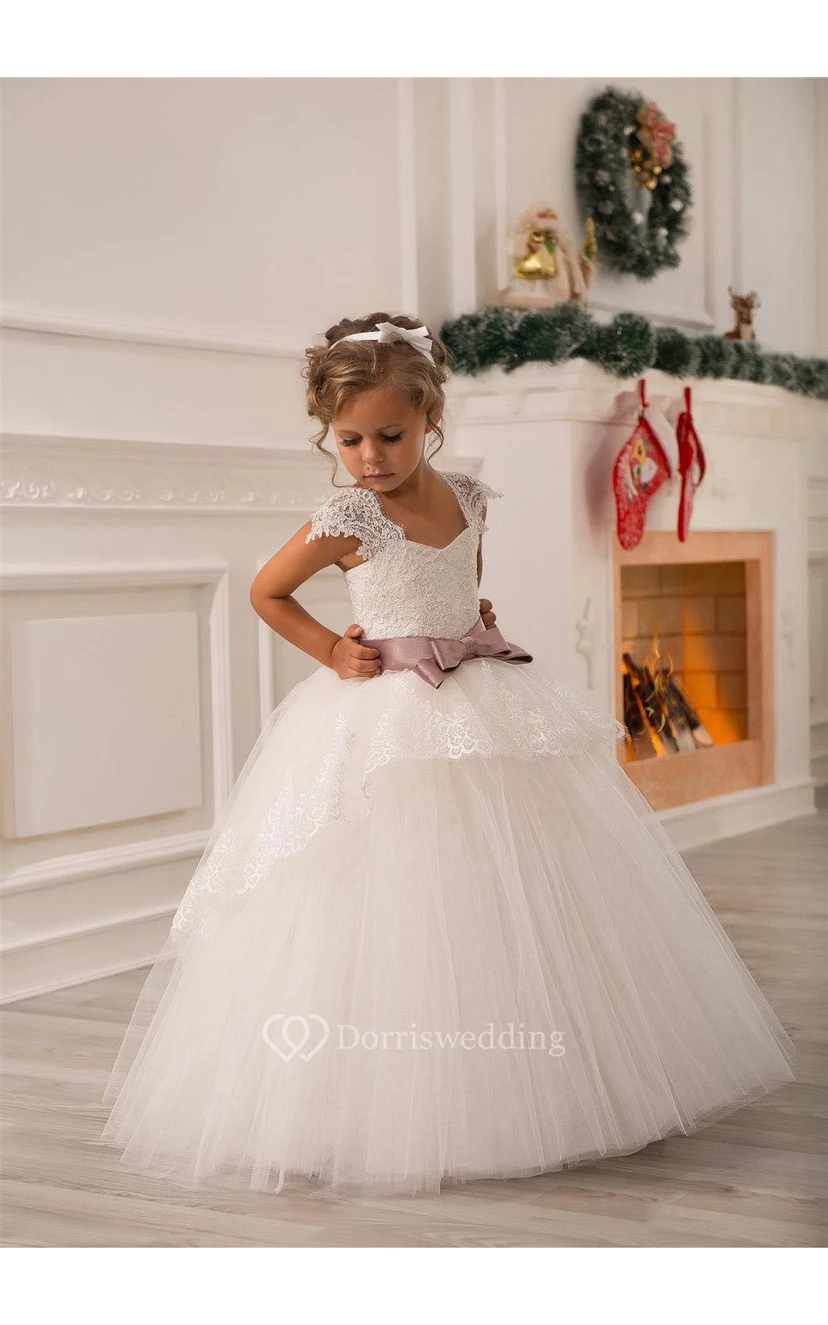Flower Girl Cap Sleeve Tulle Ball Gown With Lace Up and Bow view 2