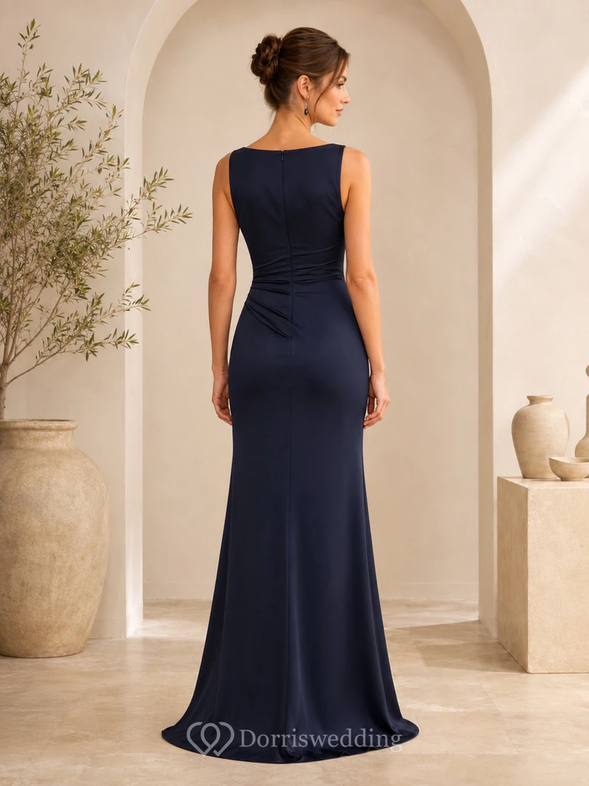 Dark Navy Bateau Slit Sheath Formal Dress view 2