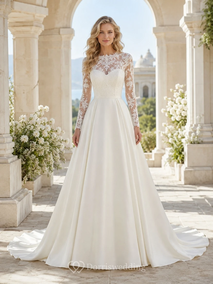 Elegantes Brautkleid mit langen Ärmeln, Spitzenbesatz, Muschelkanten, A-Linien-Schleppe und Kapellenschleppe